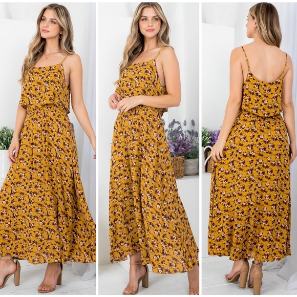 AUDREY 3+1 Mustard Floral Flounce Top Spaghetti Straps Maxi Dress - Picture 5 of 9